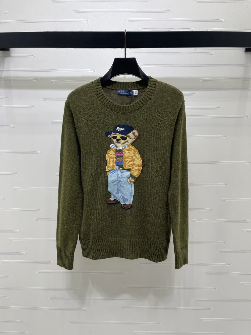 Polo Ralph Lauren Sunglass Bear Knit Sweater, Olive Green Crew Neck Jumper